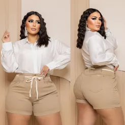 Short Jeans Plus Size Feminino Com Lycra Cintura Alta Com Laço No Cós