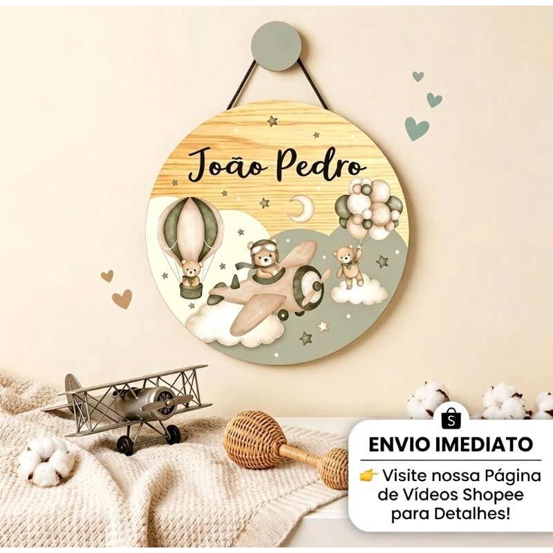 enfeite porta maternidade ursinho aviador- ursinho baloeiro em MDF personalizado