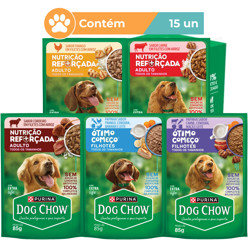 Ração Úmida Purina Dog Chow 15 Sachês 85g Filhote e Adulto Sabores Variados