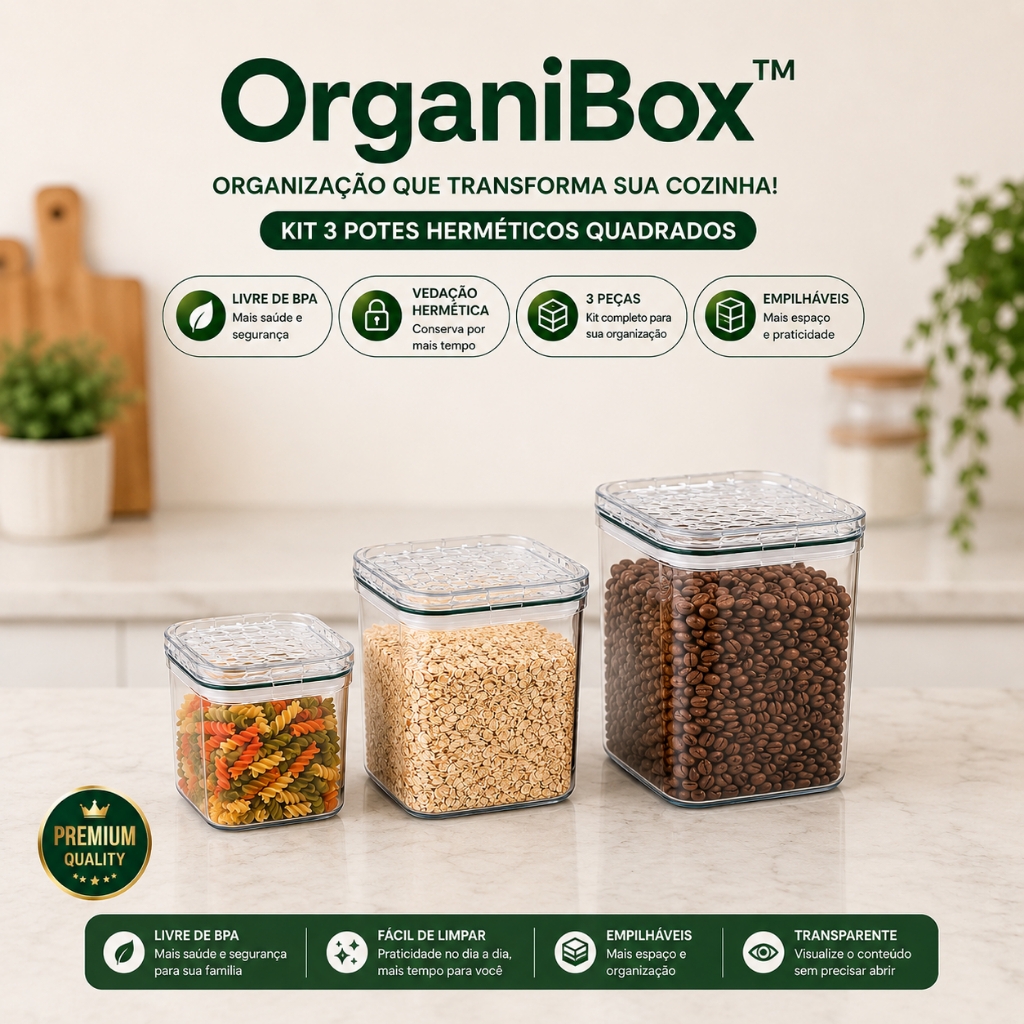 Kit Potes Herméticos 3 Peças Plástico Transparente OrganiBox™ Organizador para Mantimentos, Cereais, Massas e Grãos