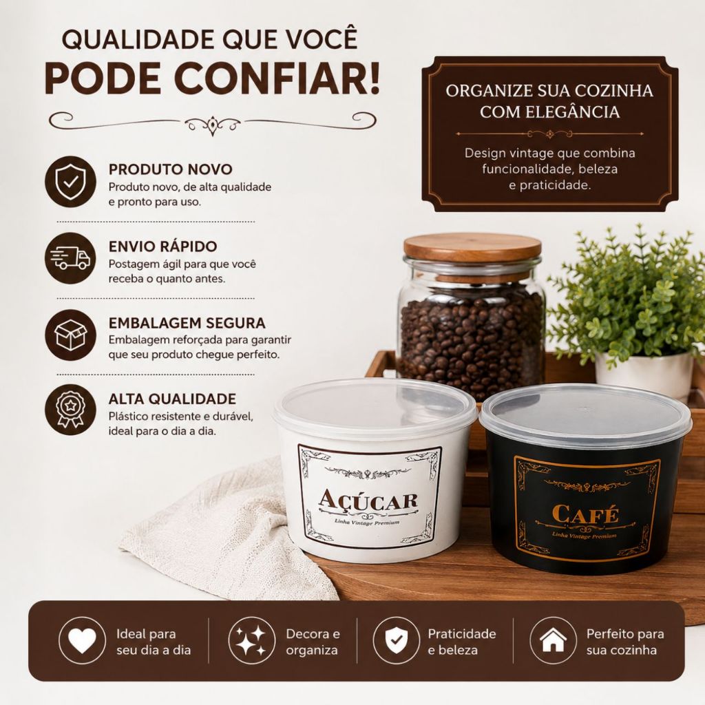Kit Organizador Cozinha 2 Potes Herméticos 2L Açúcar Café Tampa Transparente Mantimentos Premium Jogo Plastico