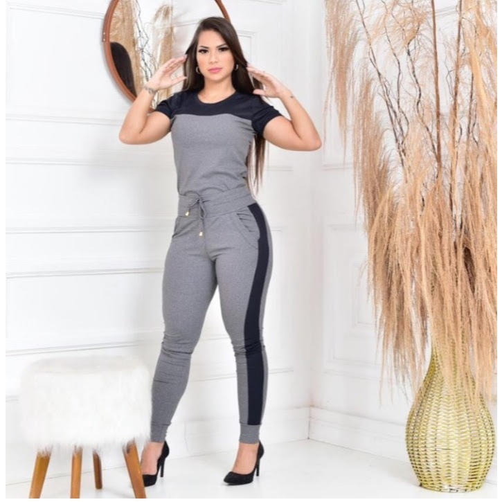 Conjunto Feminino Canelado Calça e Blusa Malha Com Elastano Elegante Casual Confortável Manga Curta Ribana moderno