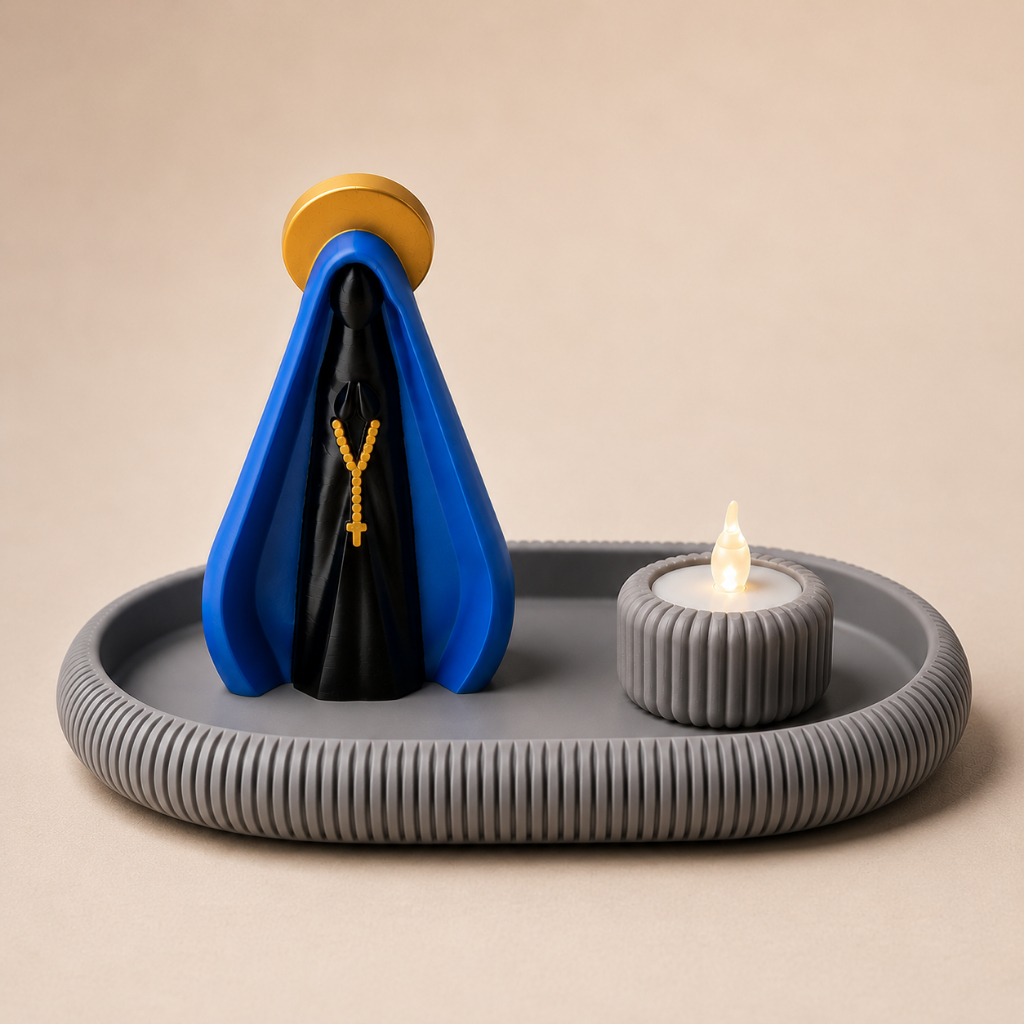 Porta Terço Nossa Senhora Aparecida com Bandeja Decorativa e Porta-Vela | Kit Decorativo Moderno