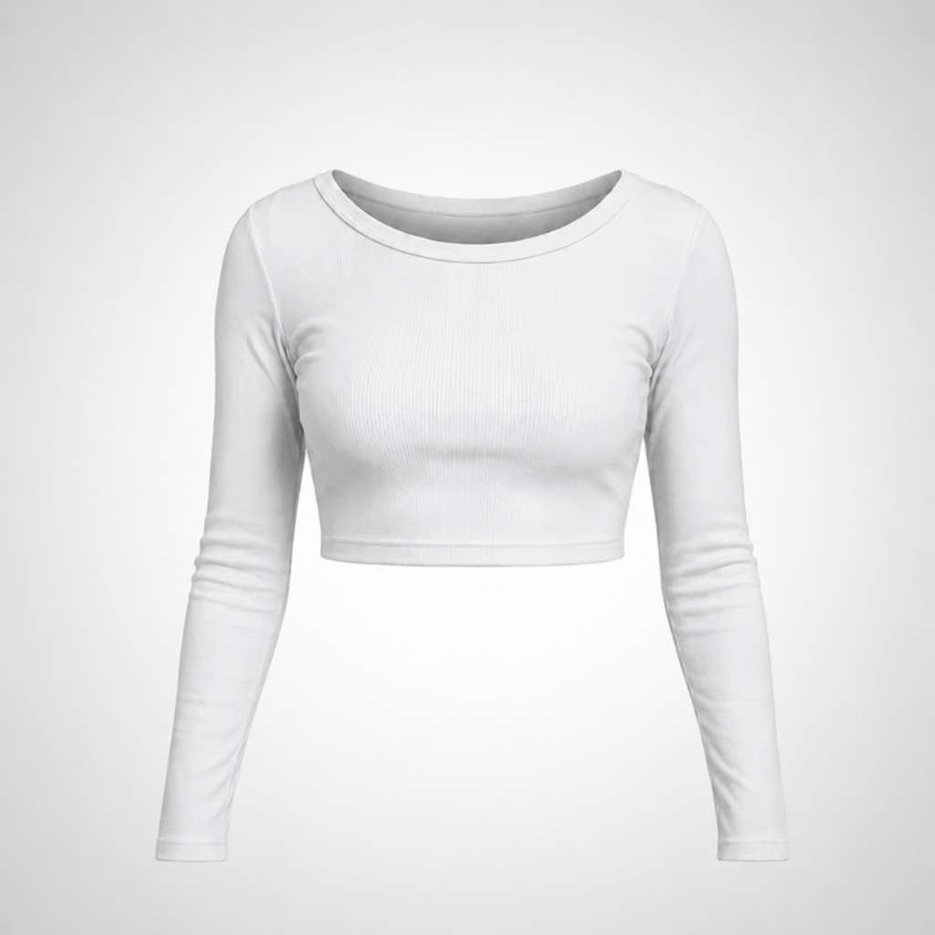 Blusa Feminina Cropped Canoa Canelado Manga Longa