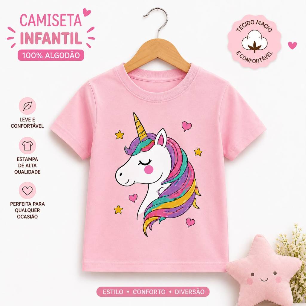 Camiseta Infantil Unicórnio 100% Algodão Menina Camiseta Estampada Premium