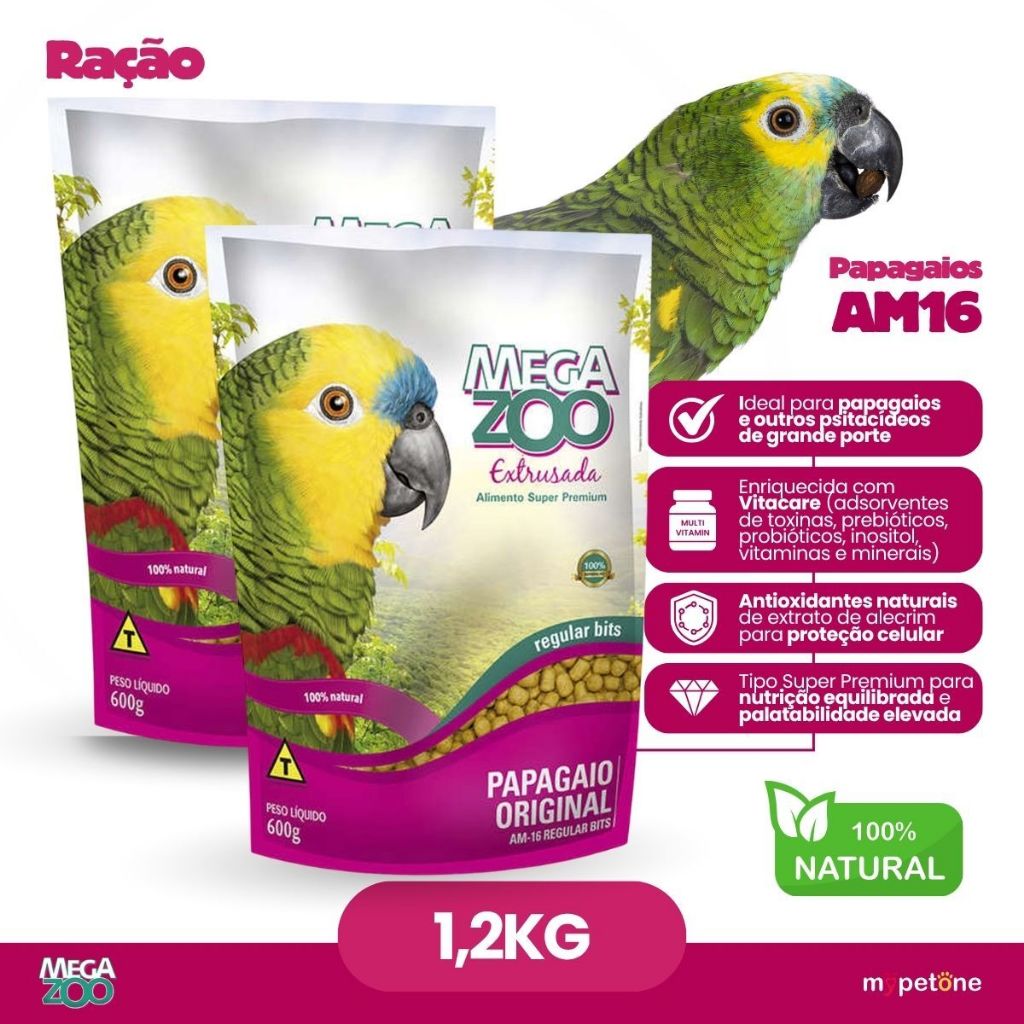 Kit 2 Ração Megazoo Extrusada Bits para Papagaio Regular (AM-16) - 600 g