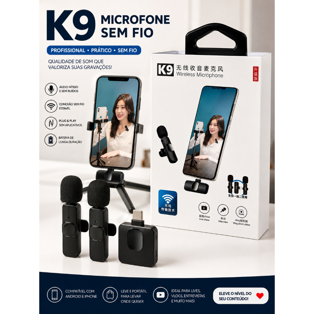 Microfone de Lapela Duplo Sem Fio K9 2 Microfones Wireless USB-C para Celular Android iPhone