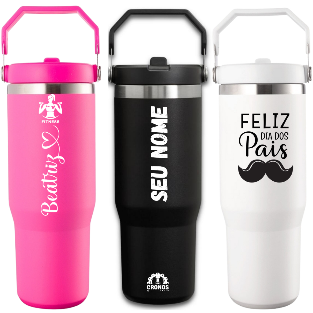Copo Garrafa Térmica Flip 900ml Inox Personalizada Nome Time Curso Esportiva Bico Alça Academia Viagem Trabalho Escola