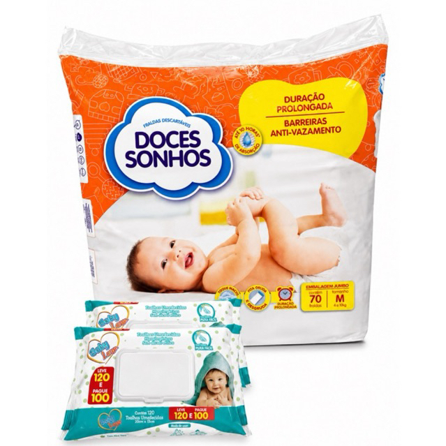 Kit Econômico: 1 Pacote Fralda Doces Sonhos + 2 Pacotes Toalhas Umedecidas Baby Lann | Cuidado Completo
