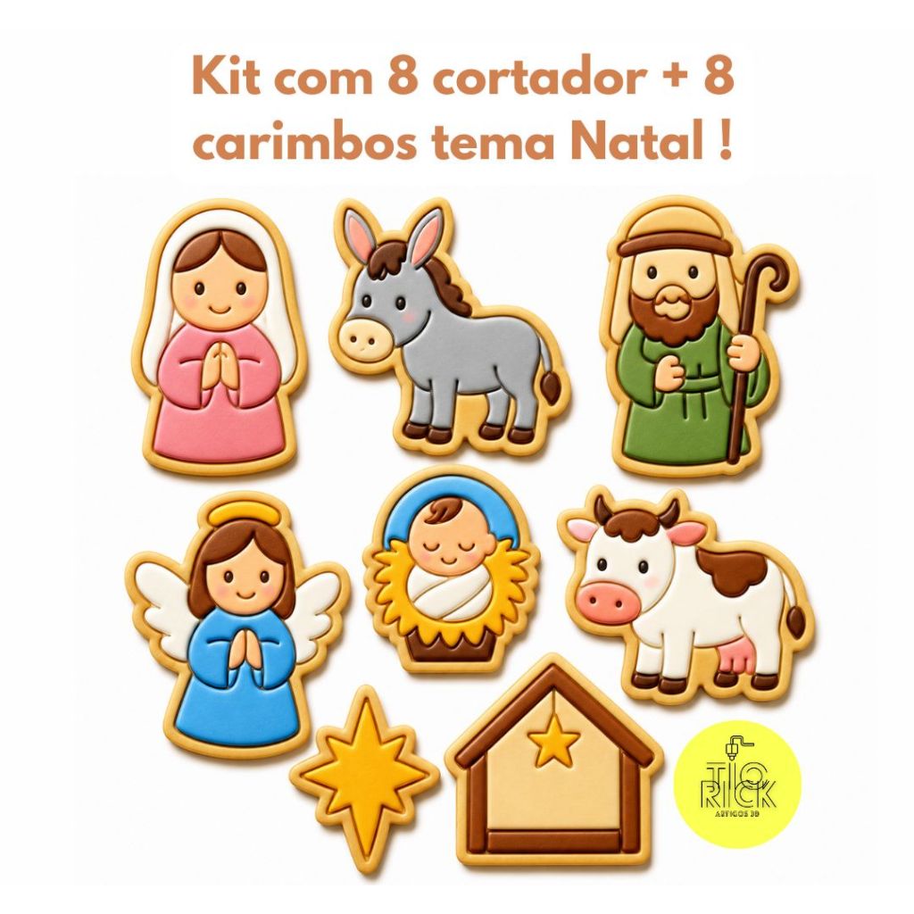 kit com 8 cortador e marcador de natal, natalino, majedoura, jesus, presépio para biscoitos, pasta americana