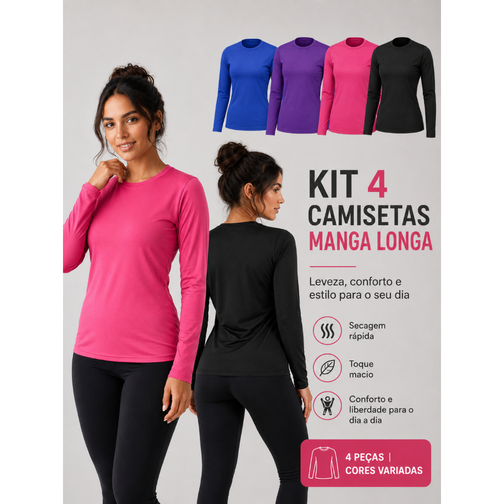 Kit 4 Camisetas Feminina Manga Longa Segunda Pele Proteção Solar Uv Gls Camiseta Esportiva GLK Sports
