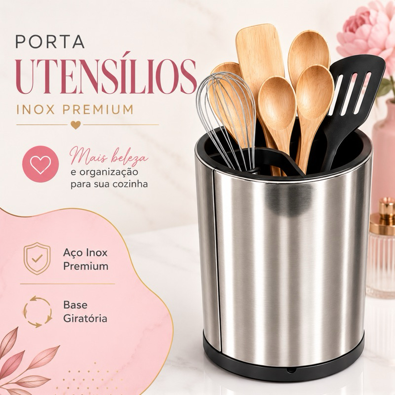 Porta talher Utensílios Giratório Inox Premium com Dreno e Fundo Removível |Organizador de Talheres Cozinha,envio rápido