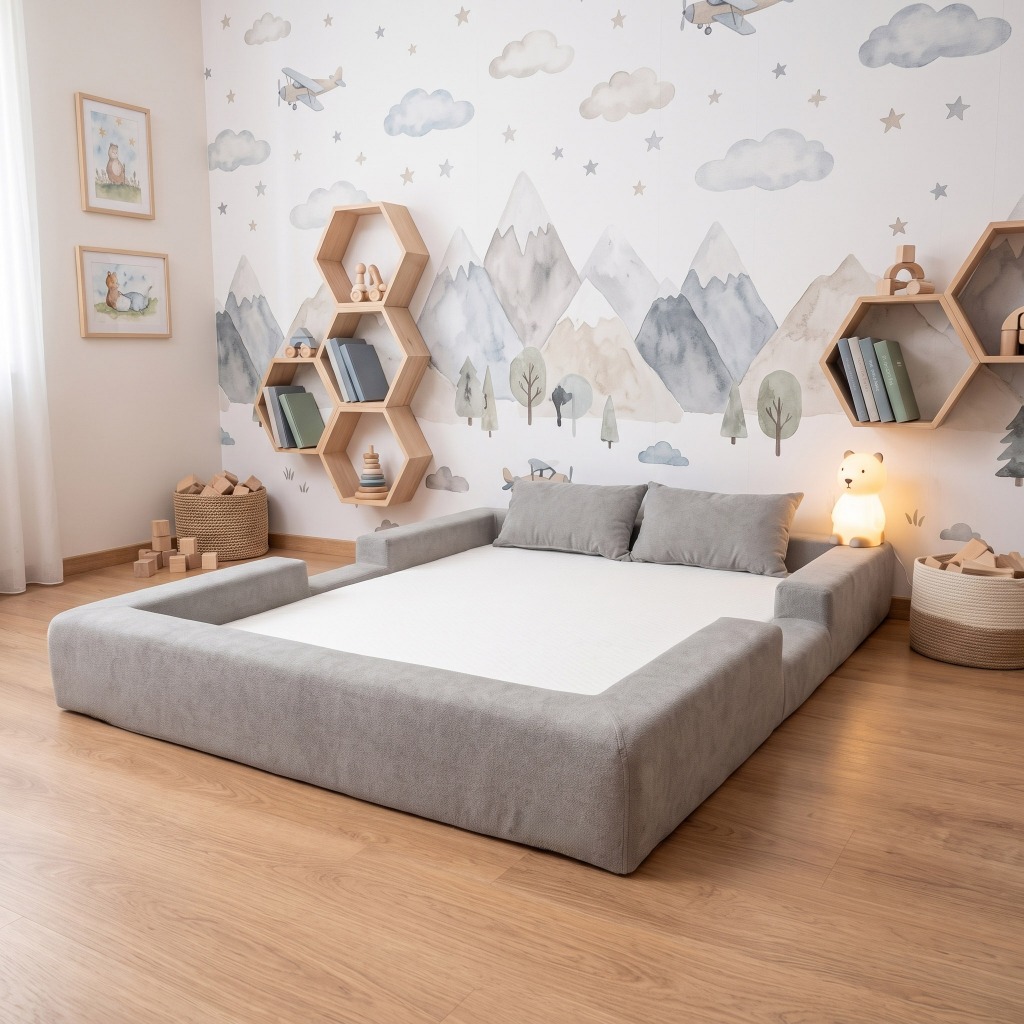 Cama Montessoriana Casal Ninho 100% Espuma Cinza Keiko