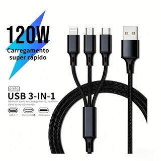 Cabo de dados 3 em 1 com carregamento rápido de 120 W, USB Micro, Tipo C e Lightning 1.2m