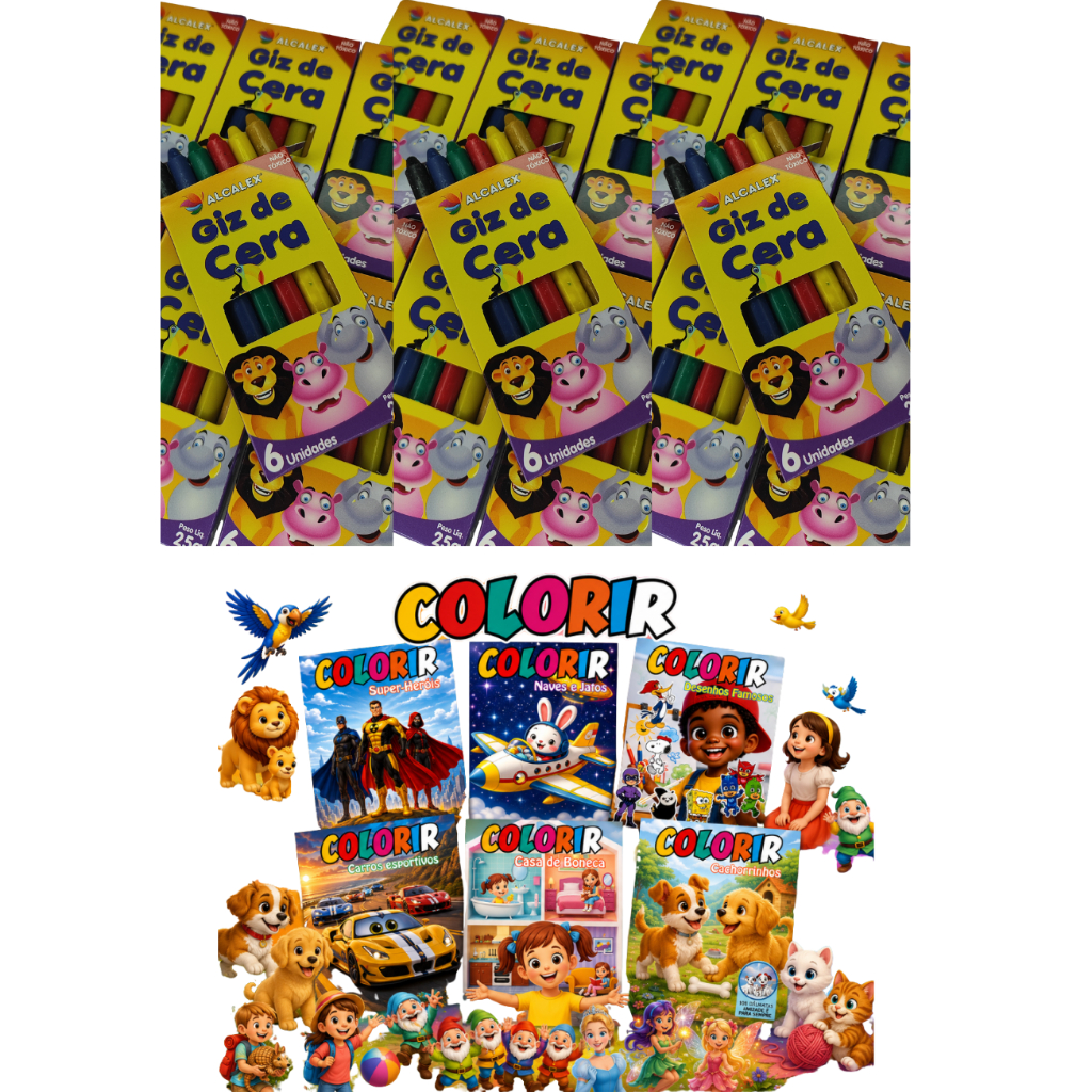 Kit 20 Revista Revistinha de Colorir + 20 Giz de Cera 6 Cores Kit Festa Lembranc