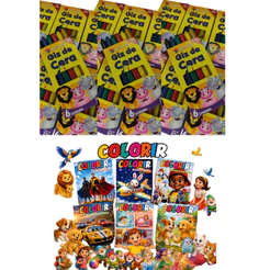 Kit 20 Revista Revistinha de Colorir + 20 Giz de Cera 6 Cores Kit Festa Lembrancinha Infantil Prenda