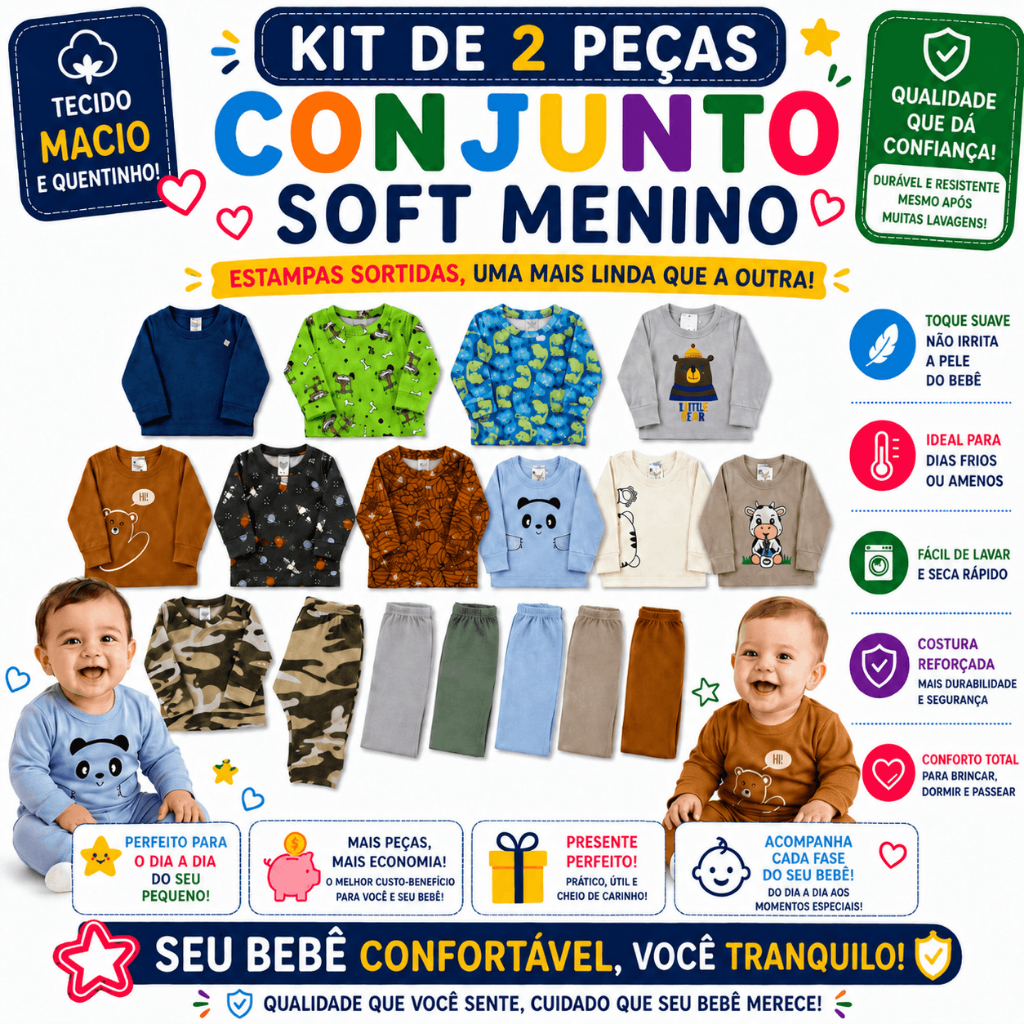 Conjunto em Soft - P ao 3 - bebê menino -Inverno -Quentinho Macio e Confortável Estampas Sortidas
