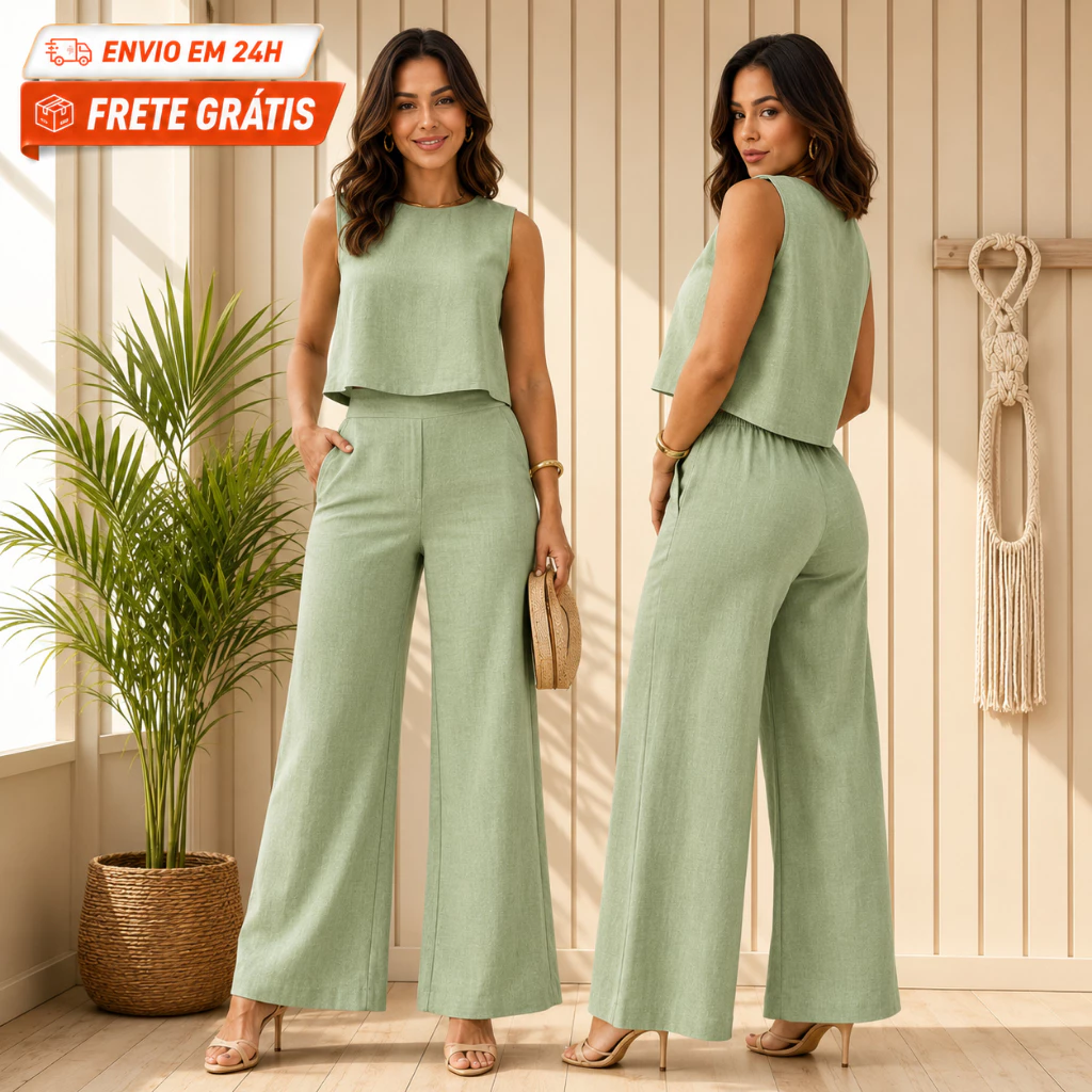 Conjunto Pantalona em Linho Calça e Regata Social Elegante Moda Casual Feminino
