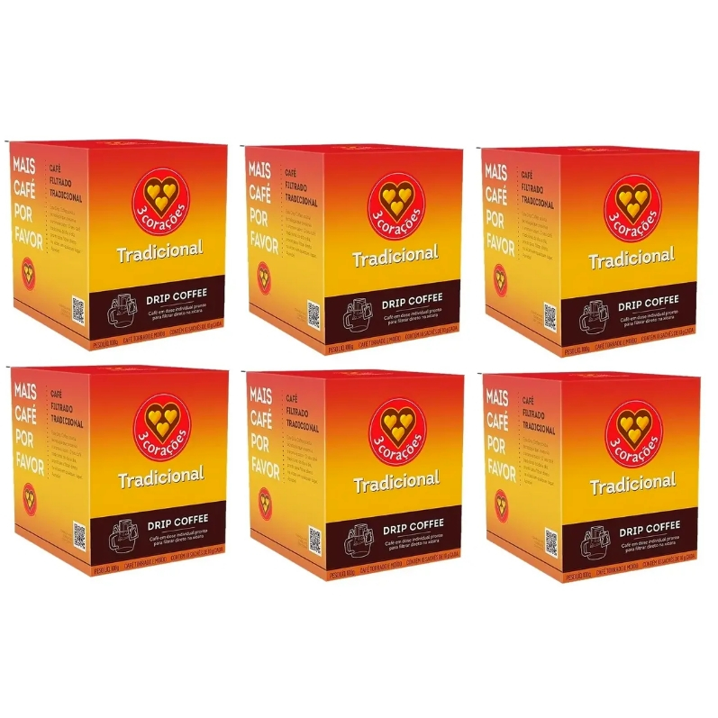 3 Corações Kit Café Drip Coffee Tradicional Sachê - Kit 6 Caixas | Café Coado, Sachê Prático, Tradicional, Fácil Preparo