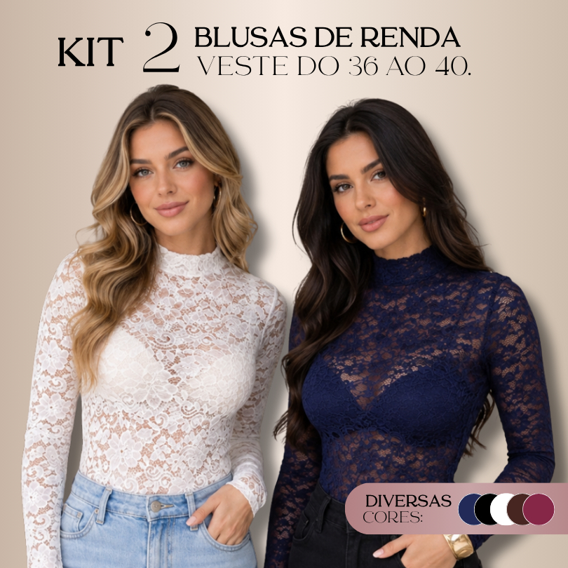Kit 2 Blusa de Renda Feminina Manga Longa Transparente | Diversas Cores