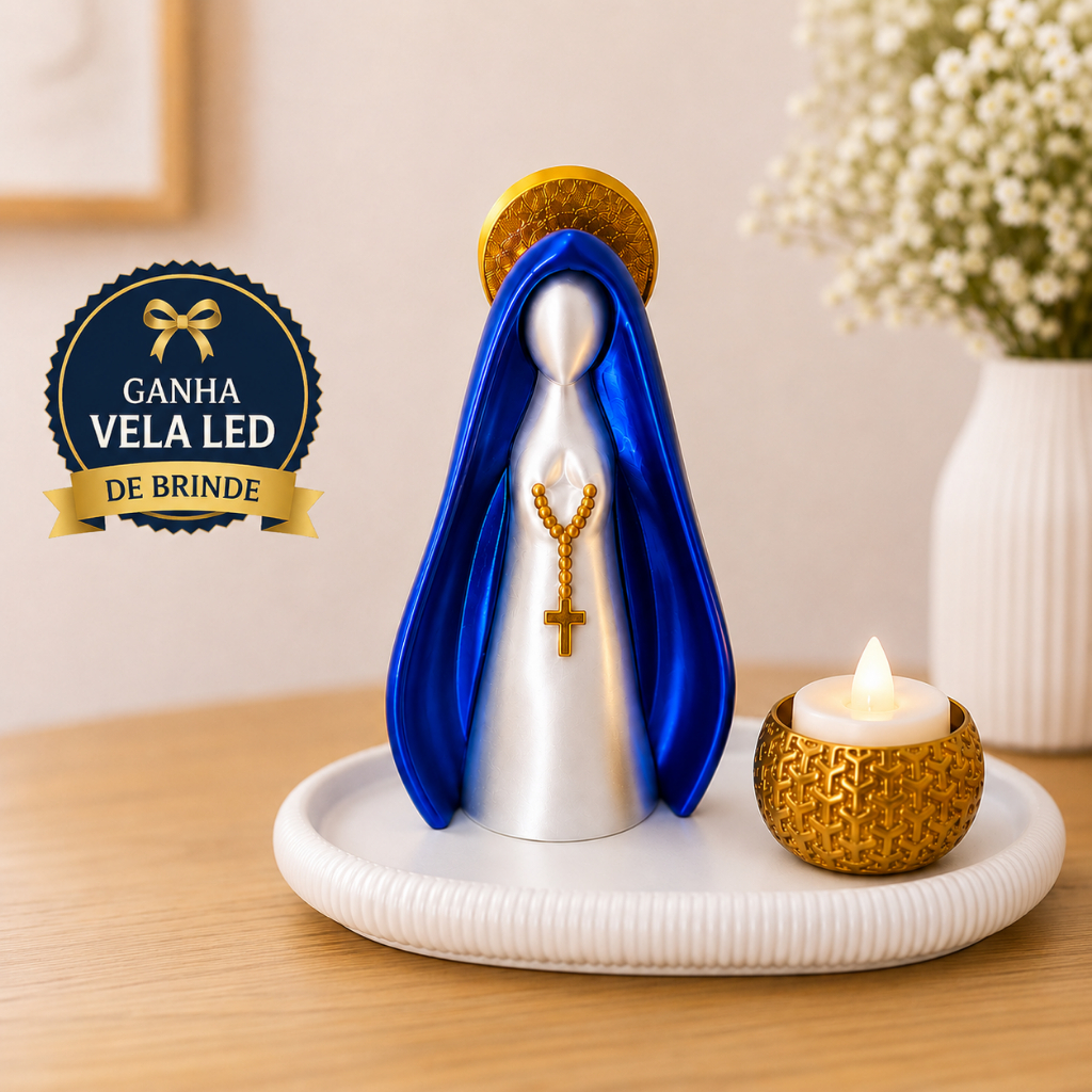 Nossa Senhora Aparecida Imagem Escultura Kit Decoração Religiosa com Bandeja Porta Velas e Vela Led