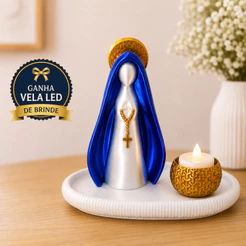 Nossa Senhora Aparecida Imagem Escultura Kit Decoração Religiosa com Bandeja Porta Velas e Vela Led