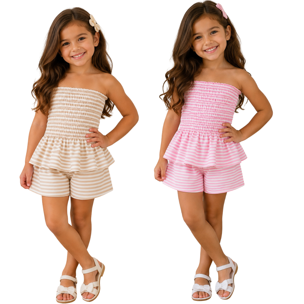 Conjunto Infantil Feminino Listrado Menina 2 peças Shorts e Blusa tomara que caia  Verão 2026/2027