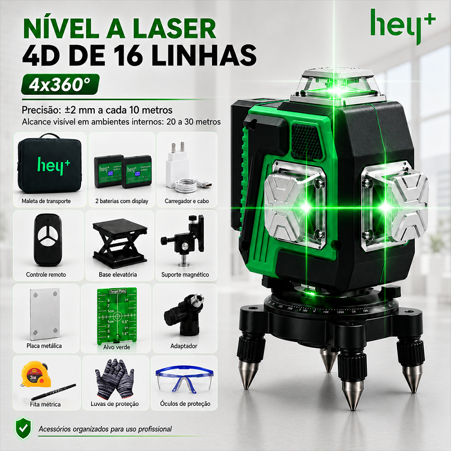 Nível a Laser 3D Heyplus 16 Linhas Verde 4x360° com Tripé, Controle Remoto, 2 Baterias Recarregáveis e Maleta