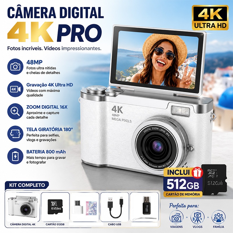 Câmera digital com zoom 4K CCD 16x compacta de 48MP, tela flip selfie de 180° Cartão 512GB