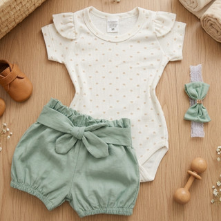 Conjunto Casual De Verão Para Bebê Roupa De Menina Body De Manga Curta Com Babados 100% A…