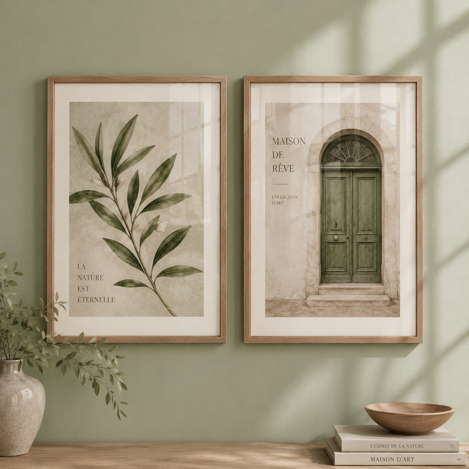 Kit DUO De Quadros Decorativos Quarto Sala Hall Banheiro Ramo Oliveira Botânico Vintage Rústico