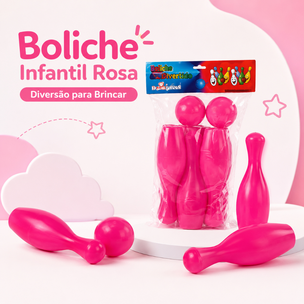 Jogo Boliche Infantil Rosa 6 Pinos 2 Bolas Brinquedo Plástico