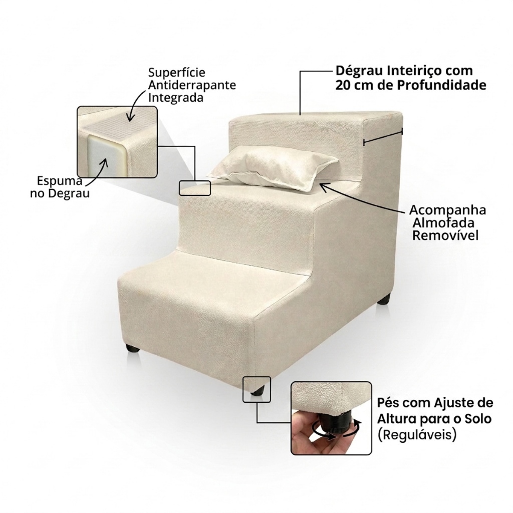 Escada Para Pet Degrau  Interiço Escadinha Para Cachorro e Gato Subir Cama 3 Degraus De 20 cm Suede