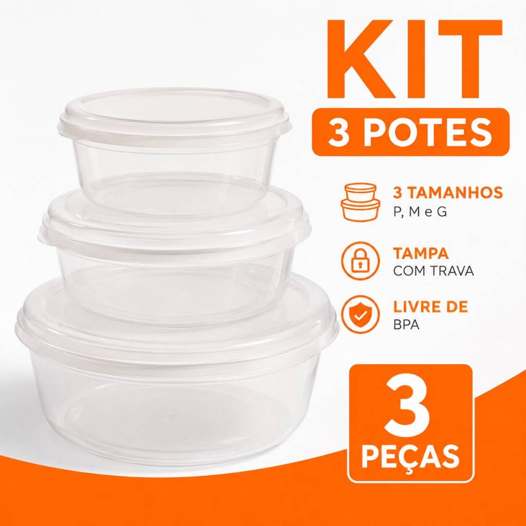 Kit 3 Potes Plásticos Redondos com Tampa para Alimentos – Pote Hermético Transparente P M G para Cozinha e Marmita