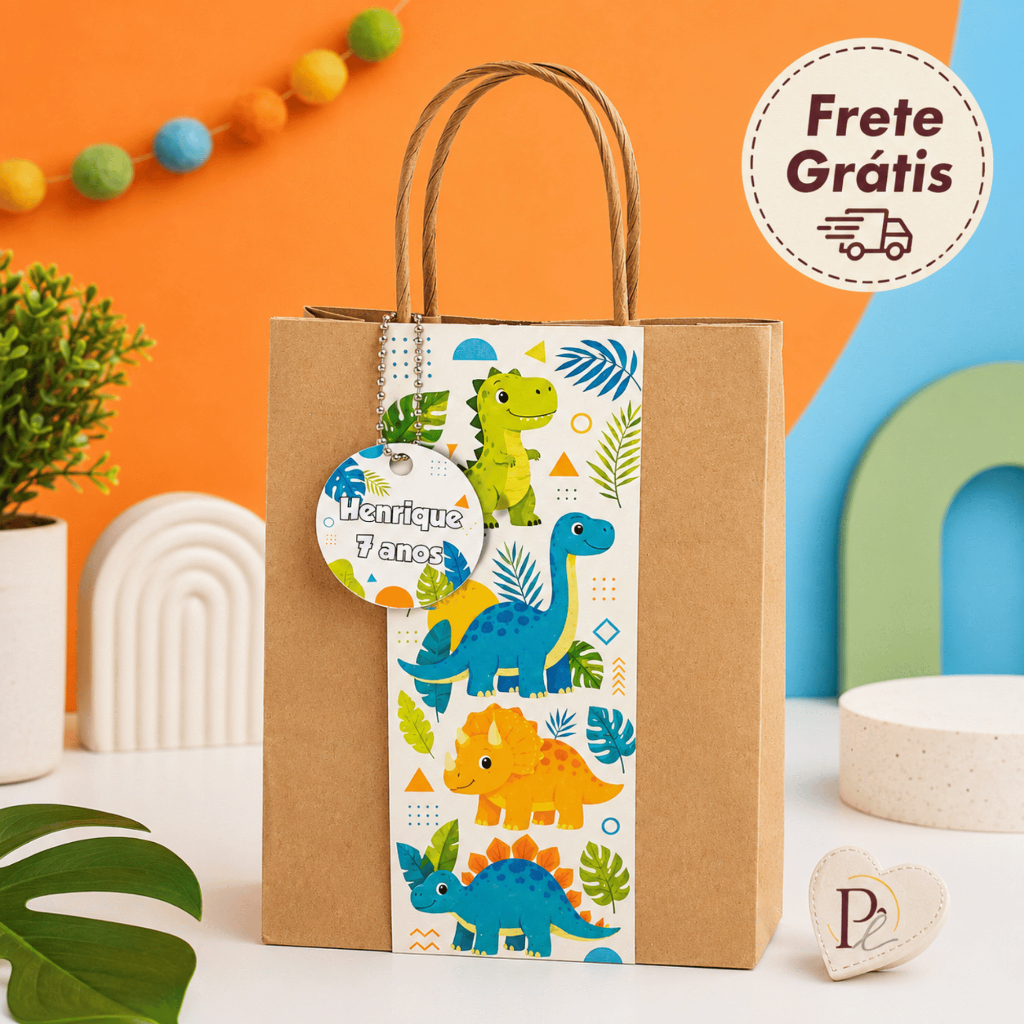 Sacolinha Kraft Personalizada Dinossauros para Festa Infantil e Lembrancinha