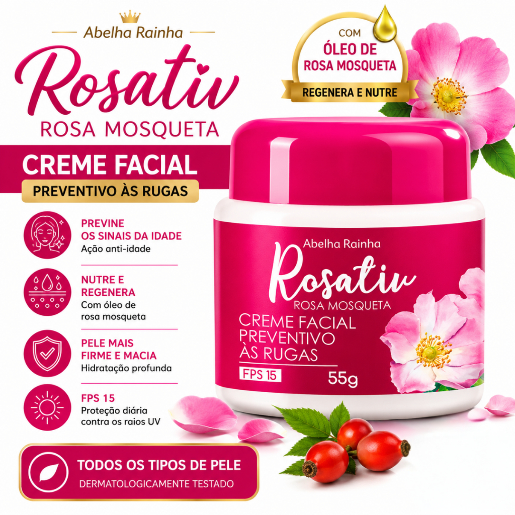 Creme Facial Óleo De Rosa Mosqueta Anti Rugas Abelha Rainha FPS 15