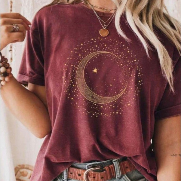 Tshirt Feminina Estilosa Camisa Estampada Círculo de Lua Blusa Tecido Confortável em Algodão