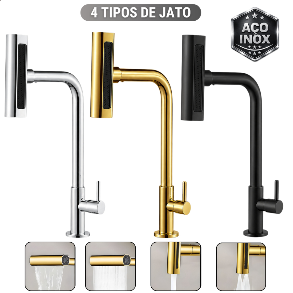 Torneira para Pia de Cozinha Gourmet Bancada 4 Jatos Bica Alta Giro 360 Preta Cromada Dourada