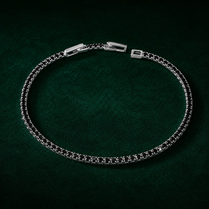 Pulseira Riviera Prata 925 2mm com Pedras Ônix Luxo e Elegância