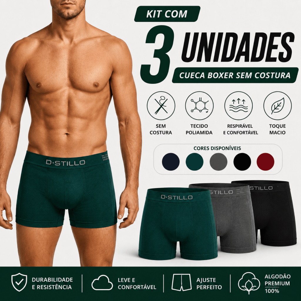 Kit 3 Cuecas Boxer Masculina Microfibra Poliamida Sem Costura Conforto Premium