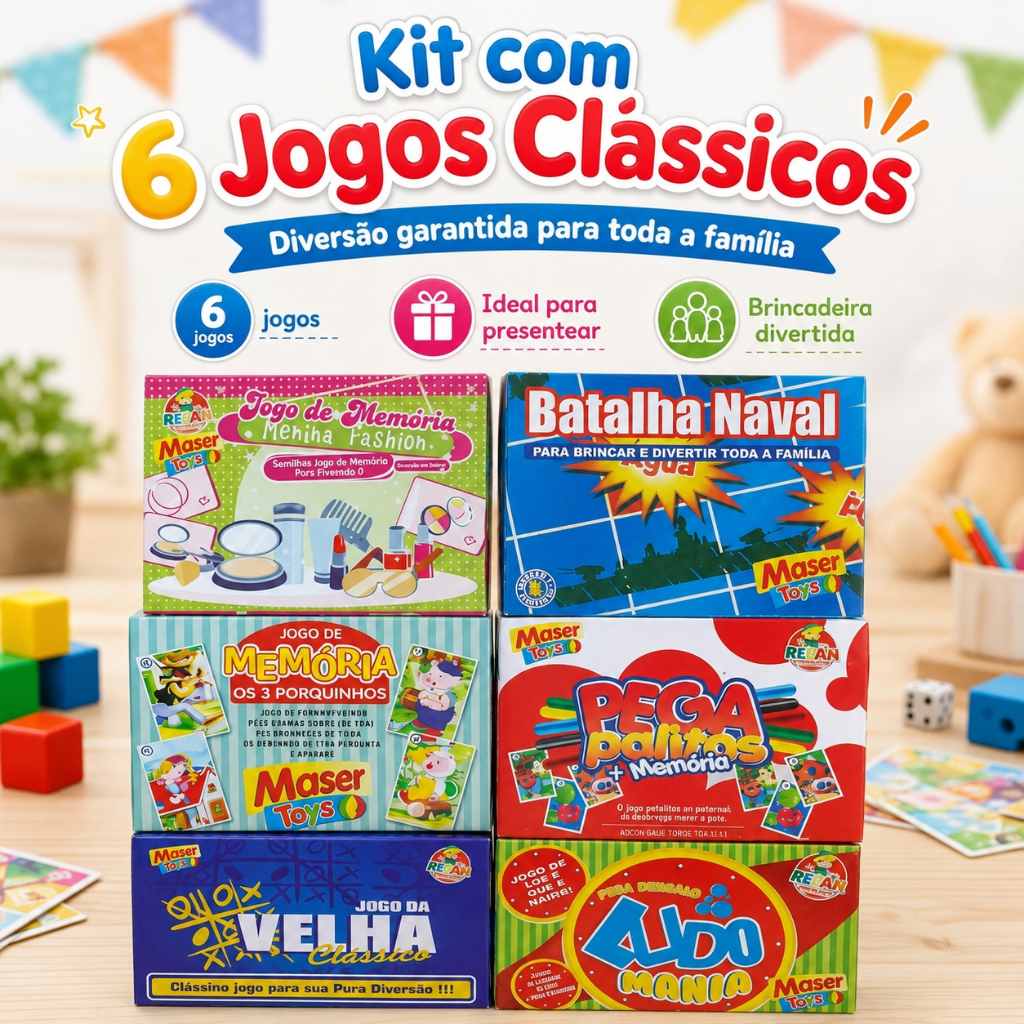 Kit 6 Jogos Tabuleiro Infantil E Adulto Memória Ludo Batalha Naval