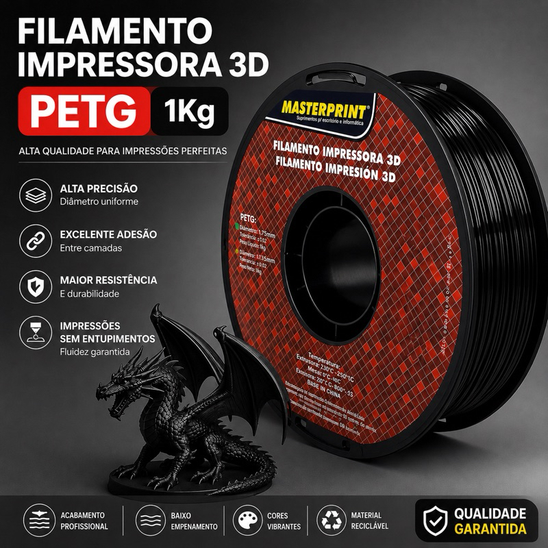 Filamento PETG Preto 1kg - Masterprint 1,75mm Alta Precisão Impressora 3D