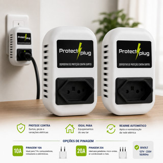 KIT 2 Protectplug Protetor Contra Surtos Elétricos Bivolt 10A e 20A para TV Computador Geladeira e Eletrodomésticos