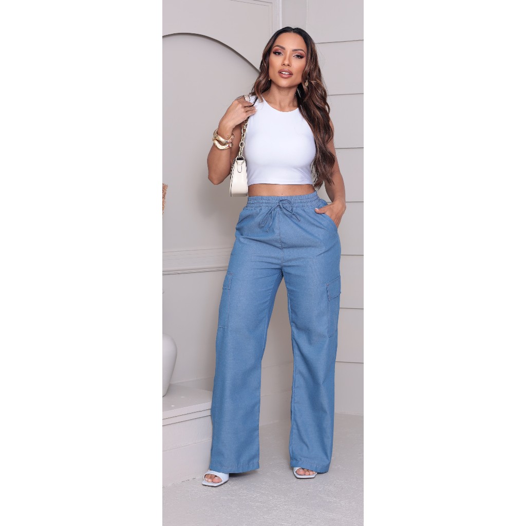 Calça Pantalona Cargo Jeans Leve  Cintura Alta Com Elastico na Cintura