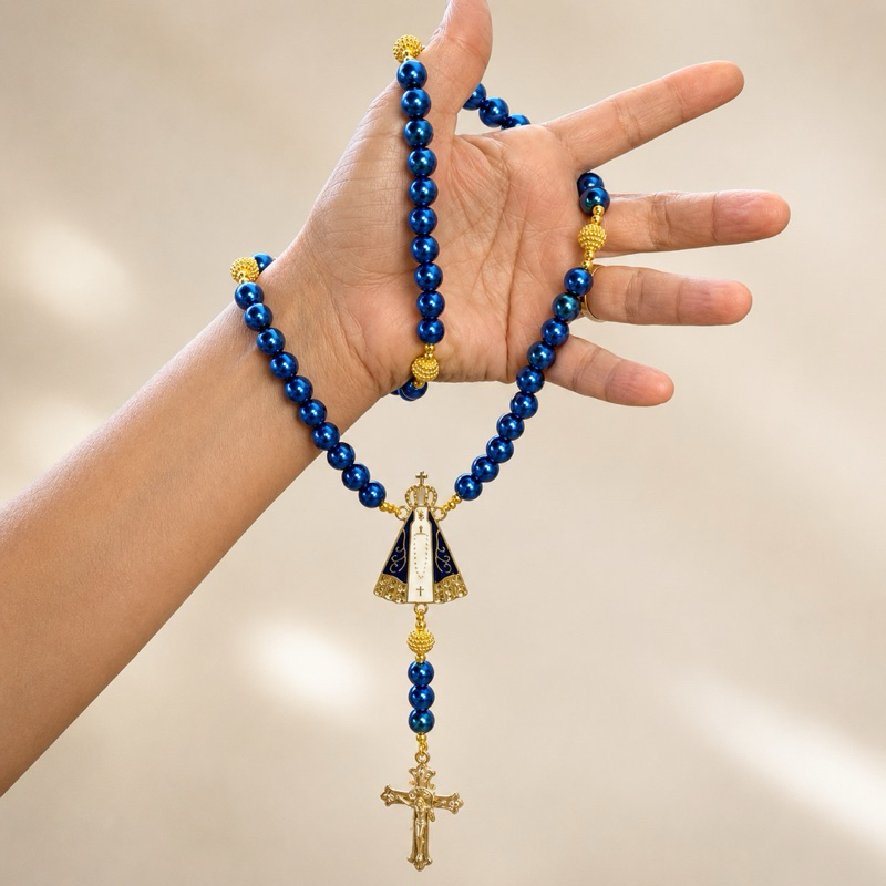 Terço Personalizado com Nome Nossa Senhora Aparecida Azul Perolado Rosário Católico Presente Religioso