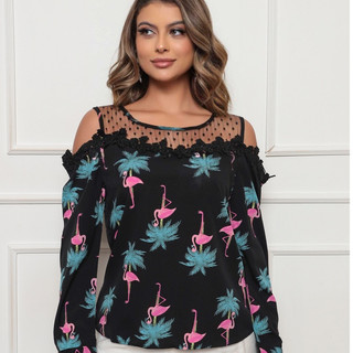 Onlyone - Blusa Feminina Estampa Flamingo com Tule Poá e Renda Ombro Vazado Manga Longa Tecido Leve e Elegante Moda Casu