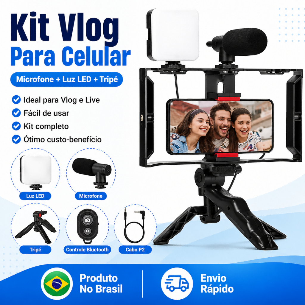Kit Vlog Para Celular Com Microfone Luz LED Tripé Controle Bluetooth
