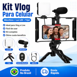 Kit Vlog Para Celular Com Microfone Luz LED Tripé Controle Bluetooth