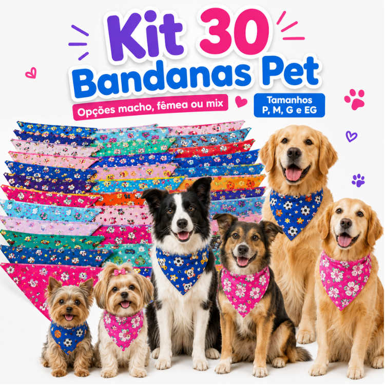 Kit 30 Bandanas Pet Costuradas Lacinhos Pet Tamanhos P M G EG Para Cães e Gatos Atacado Banho&Tosa