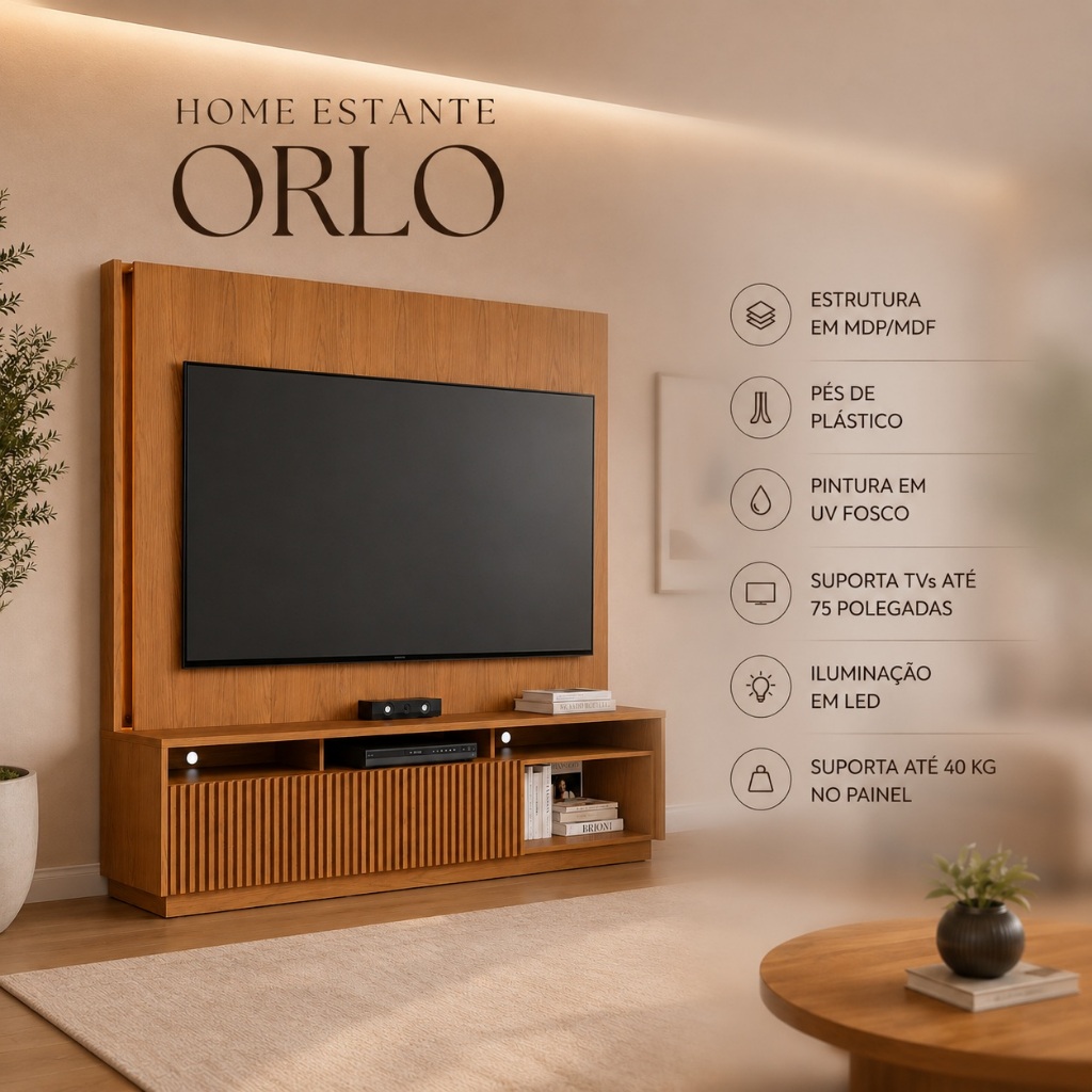 Home Estante Orlo 200cm TV até 75 Fitas LED Portas Deslizantes MDP/MDF Freijó G73 - Gran Belo